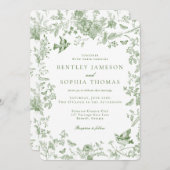 Green Toile De Jouy Vintage französische Blumenhoc Einladung (Vorne/Hinten)