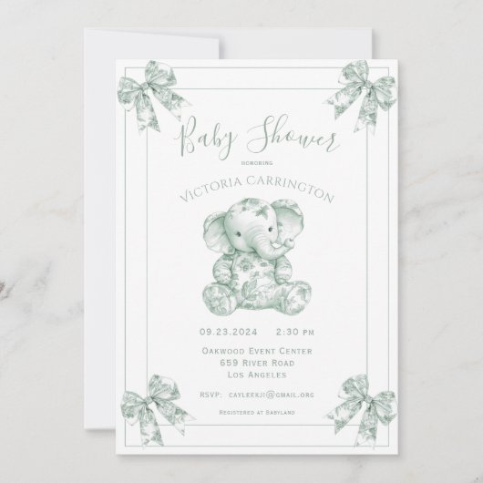 Green Toile Elephant Baby Dusche Einladung (Vorderseite)