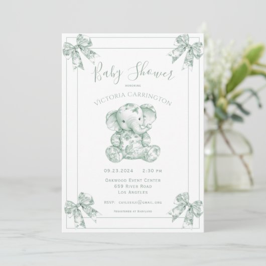 Green Toile Elephant Baby Dusche Einladung (Stehend Vorderseite)