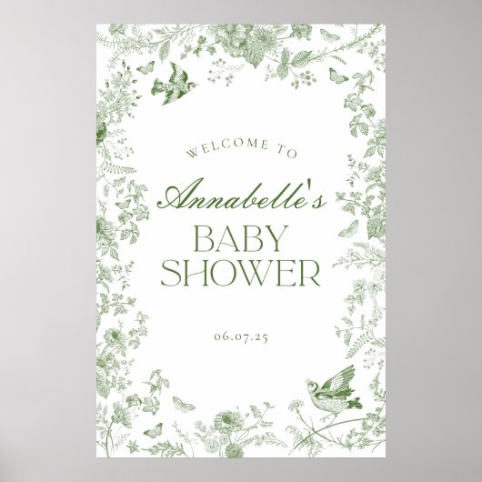Green Toile Jouy Floral Baby Dusche Begrüßungszeic Poster (Vorne)