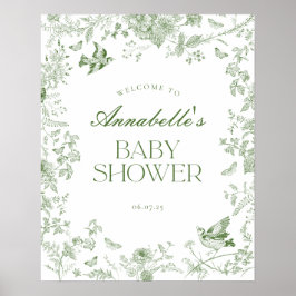 Green Toile Jouy Floral Baby Dusche Begrüßungszeic Poster