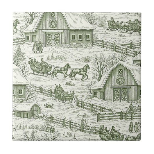 Green Toile Vintage Christmas Village Pattern (4) Fliese (Vorderseite)
