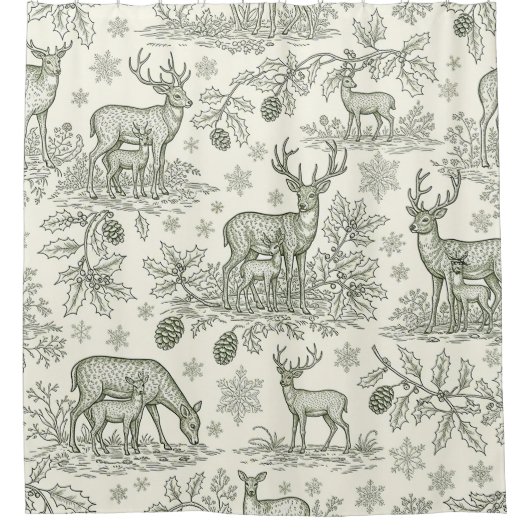 Green Toile Woodland Deer Christmas Pattern (3) Duschvorhang (Vorderseite)