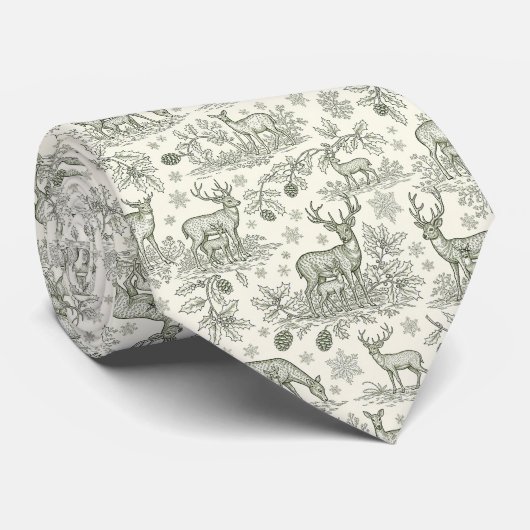 Green Toile Woodland Deer Christmas Pattern (3) Krawatte (Gerollt)