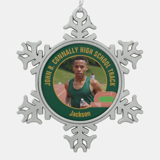Green Track & Field Photo High School Runner Schneeflocken Zinn-Ornament (Vorderseite)