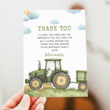 Green Tractor 1st Birthday Party Thank You Card