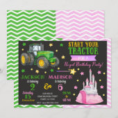 Green Tractor and Princess Joint Birthday Einladung (Vorne/Hinten)
