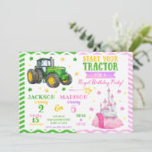 Green Tractor and Princess Joint Birthday Einladung (Stehend Vorderseite)