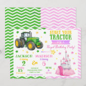 Green Tractor and Princess Joint Birthday Einladung (Vorne/Hinten)
