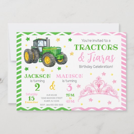 Green Tractor and Princess Joint Birthday Einladung (Vorderseite)