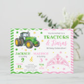 Green Tractor and Princess Joint Birthday Einladung (Stehend Vorderseite)