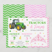 Green Tractor and Princess Joint Birthday Einladung (Vorne/Hinten)