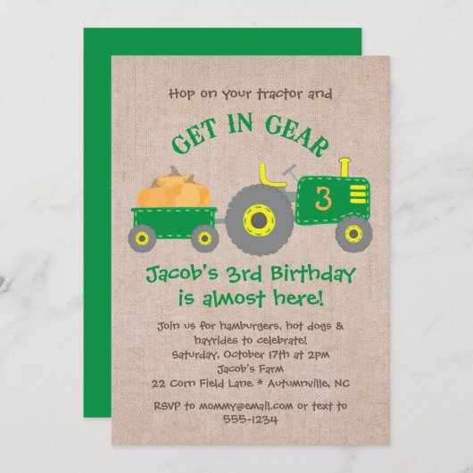 Green Tractor and Pumpkins Fall Birthday Boy Party Einladung (Vorne/Hinten)