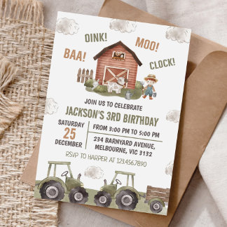 Green Tractor Farm Boy 3. Geburtstag Party Einladung