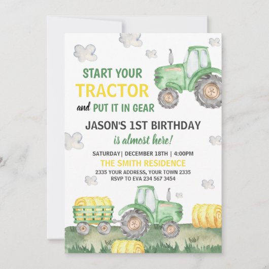 Green Tractor Farm Boy Birthday Party Einladung (Vorderseite)