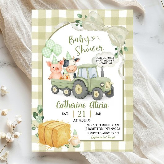 Green Tractor Gingham Coquette Farm Baby Shower Einladung