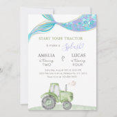 Green Tractor & Mermaid Siblings Joint Birthday Einladung (Vorderseite)