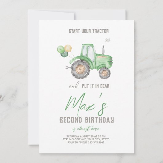 Green Tractor Thema Geburtstag Einladung (Vorderseite)