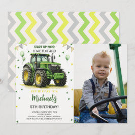 Green Tractor Theme Geburtstagsparty Foto Einladung