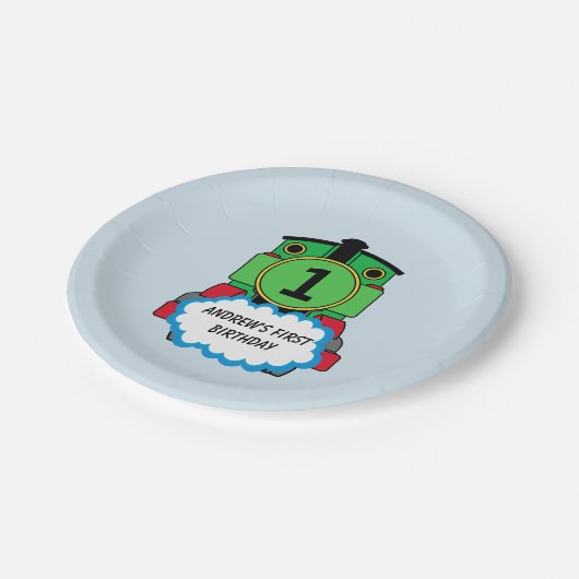 Green Train Happy Birthday Plate Pappteller (Schrägansicht)