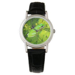 Green Tree Frog, Ladys Leather Watch Armbanduhr