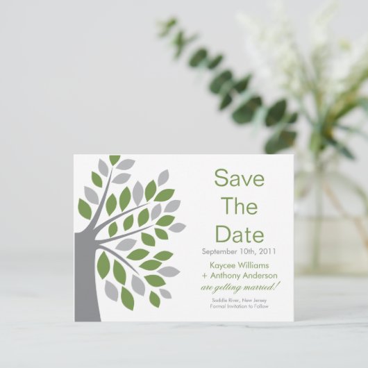 Green Tree Save the Date POST CARD! Ankündigungspostkarte (Stehend Vorderseite)