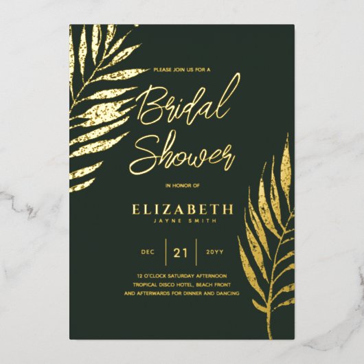 Green Tropical Disco BRAUTPARTY Gold Blätter Folieneinladung (Vorderseite)