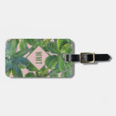 Green Tropical Leaf Monogram Pink Luggage Tag Gepäckanhänger (Vorderseite horizontal)