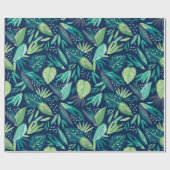 Green Tropical Leafs Pattern On Blue Geschenkpapier (Flach)