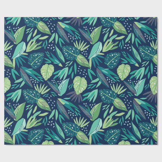 Green Tropical Leafs Pattern On Blue Geschenkpapier (Flach)