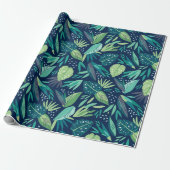 Green Tropical Leafs Pattern On Blue Geschenkpapier (Ungerollt)