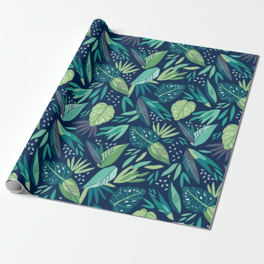 Green Tropical Leafs Pattern On Blue Geschenkpapier (Ungerollt)