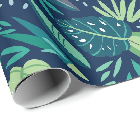 Green Tropical Leafs Pattern On Blue Geschenkpapier (Rolleneckpunkt)