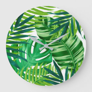 Green Tropical Leaves Große Wanduhr