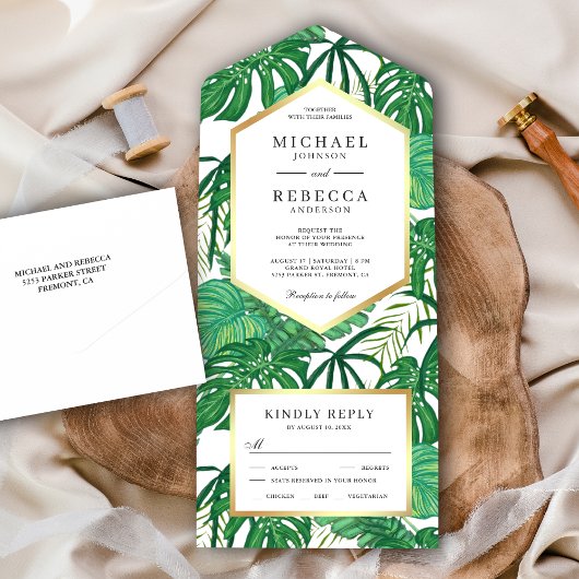 Green Tropical Monstera Palm Blätter Hochzeit All In One Einladung
