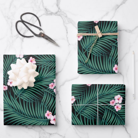 Green Tropical Palm Blätter mit Hibiskus Blume (Vorderseite)