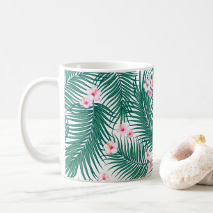 Green Tropical Palm Blätter mit Hibiskus Blume Kaffeetasse