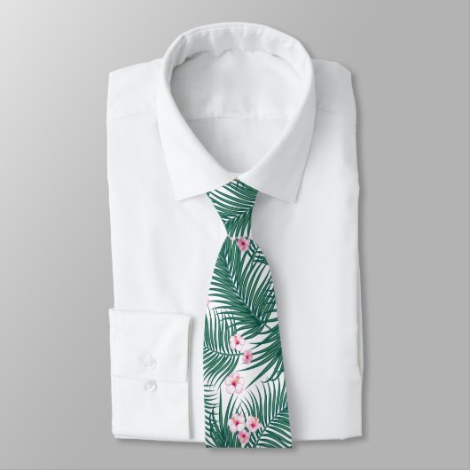 Green Tropical Palm Blätter mit Hibiskus Blume Krawatte (Gebunden)