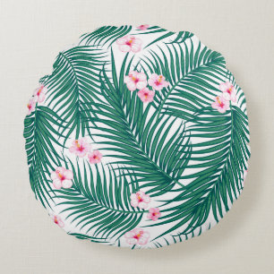 Green Tropical Palm Blätter mit Hibiskus Blume Rundes Kissen