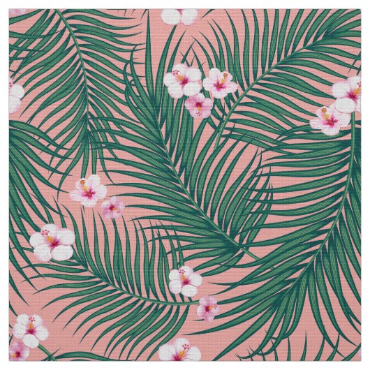 Green Tropical Palm Blätter mit Hibiskus Blume Stoff (Muster)