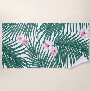 Green Tropical Palm Blätter mit Hibiskus Blume Strandtuch