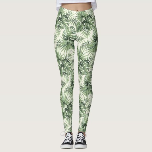 Green Tropical Palm Blätter Muster Leggings (Vorderseite)