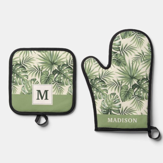 Green Tropical Palm Blätter Muster Ofenhandschuh & Topflappen-Set (Vorderseite)