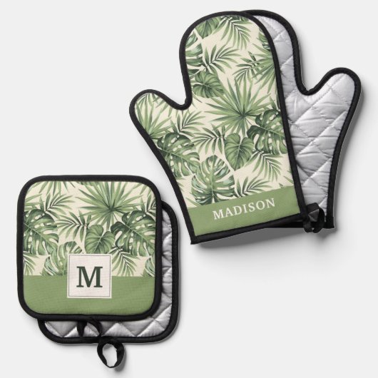 Green Tropical Palm Blätter Muster Ofenhandschuh & Topflappen-Set (Vorderseite/Rückseite)