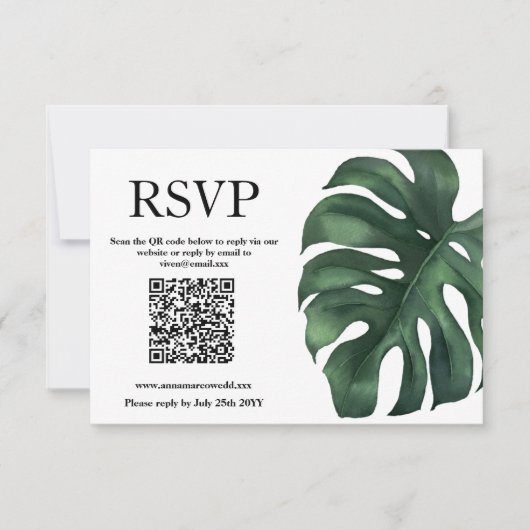 Green Tropical Palm Blätter QR Code Response Card RSVP Karte (Vorderseite)