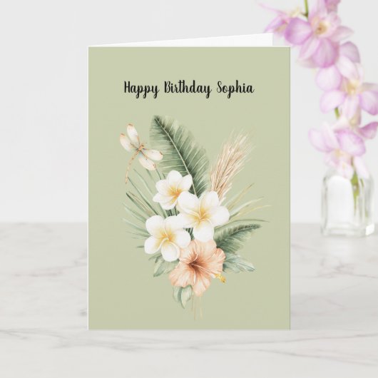 Green Tropical Peach Hibiscus Dragonfly Birthday Karte (Orchidee)