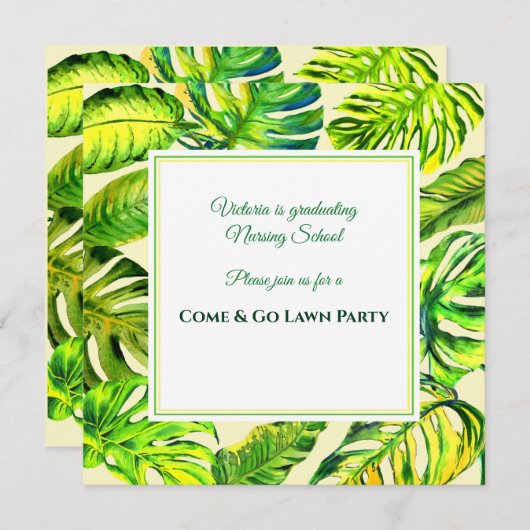 Green Tropical Watercolor Blätter Abschluss Einladung (Vorne/Hinten)