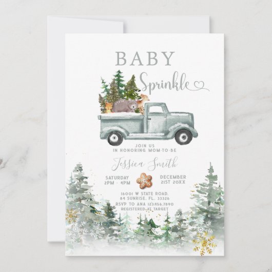 Green Truck Winter Forest Animals Baby Sprinkle Einladung (Vorderseite)