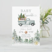 Green Truck Winter Forest Animals Baby Sprinkle Einladung (Stehend Vorderseite)