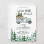Green Truck Winter ONEderland Geburtstagsparty Einladung (Vorderseite)